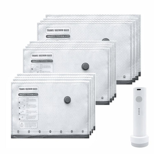 Multiple clear vacuum compression bags with gray valves and attached white pump