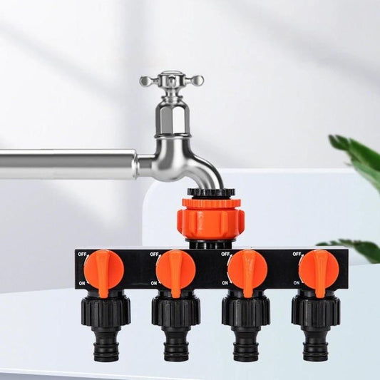 4-way water tap splitter with on-off valves, orange knobs and black quick-connect outlets