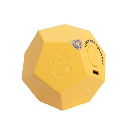Yellow octagonal gravity timer with side button and Time Management logo.