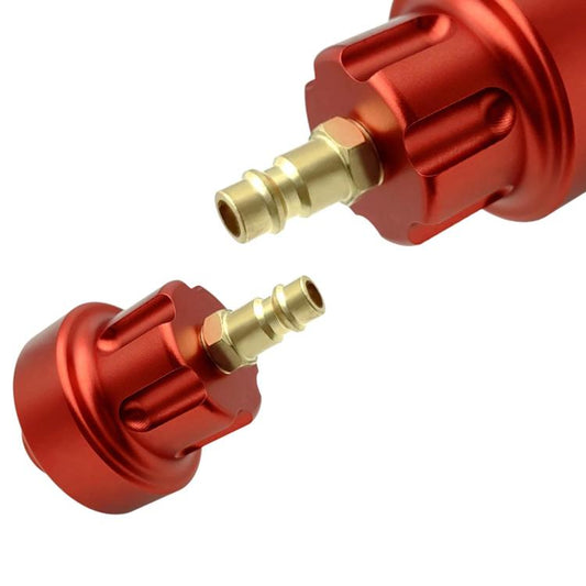 Red coolant connector adapter with two brass ports, side-by-side view