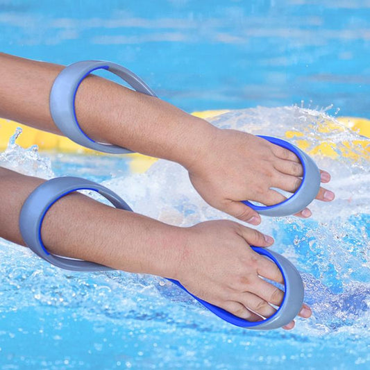 Blue figure-eight swimming arm corrector on both forearms, loop around wrists
