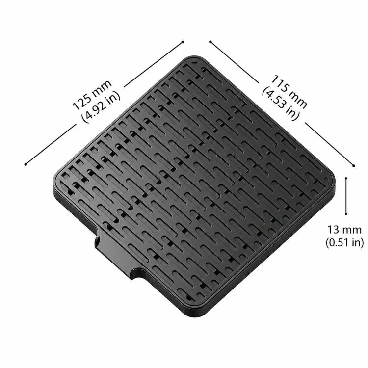 Black espresso scale drip tray with dimensions shown: 125 x 115 mm and 13 mm height