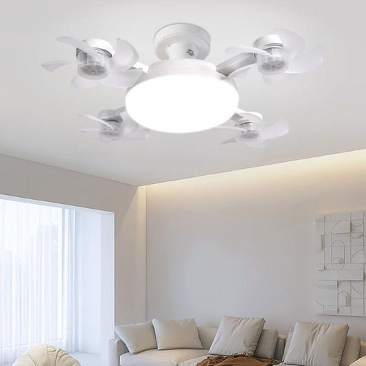 White ceiling fan light with round bulb cover and 4 fan arms