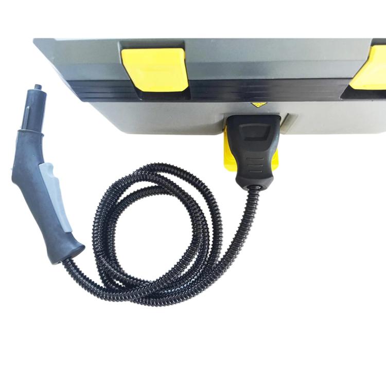 Steam cleaner control handle hose with black coil and yellow nozzle grips