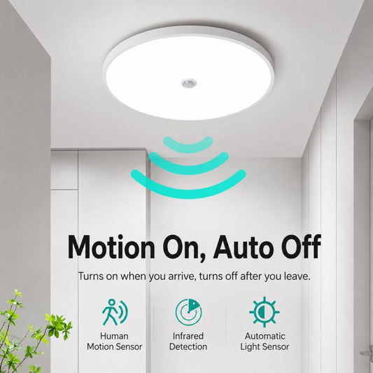 Round white flush-mount LED ceiling light with motion sensor
