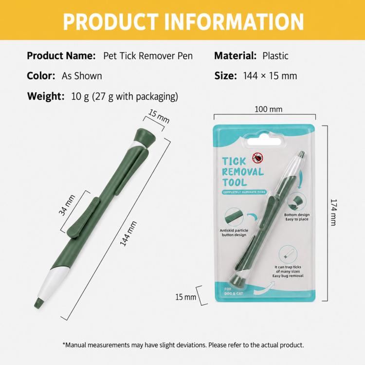 Retractable tick remover tool pen with standing base, green pen and product packaging