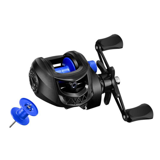 Baitcasting fishing reel with blue plastic line spool, black reel body and star drag