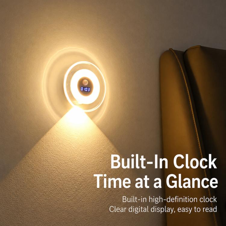 Wall clock night light with glowing circular ring and built-in time display