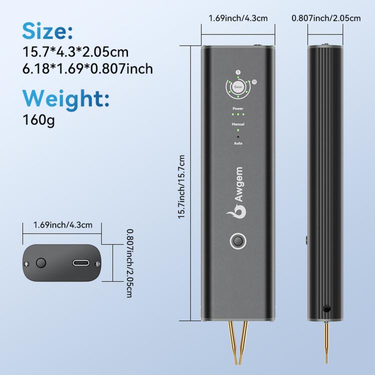 Awgem AS1 handheld spot welder body with two pins, front and side view