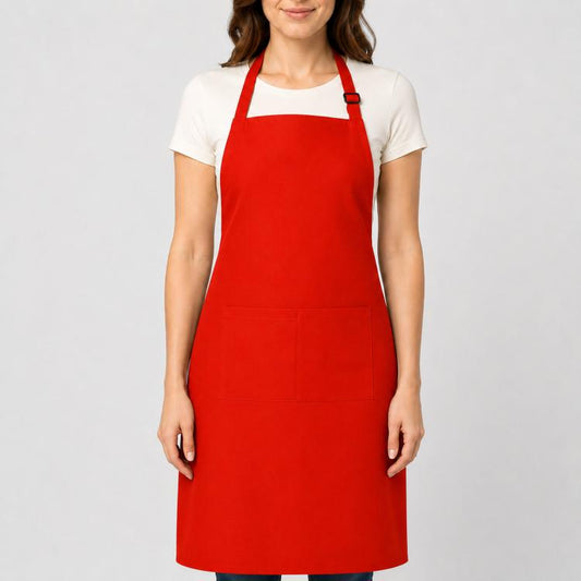 Red polyester chef bib apron with pockets and adjustable neck strap, water-resistant