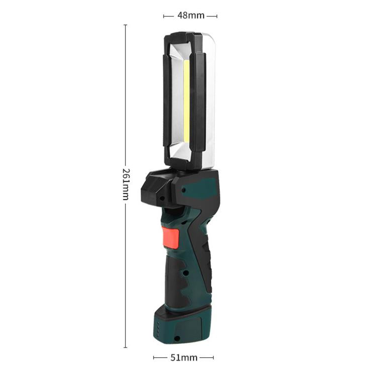 Portable foldable LED work light with magnetic base and hook, black frame with teal handle