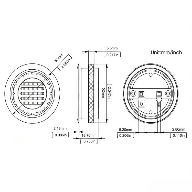Car tweeter ribbon speaker dimension diagram with front, side, and top views