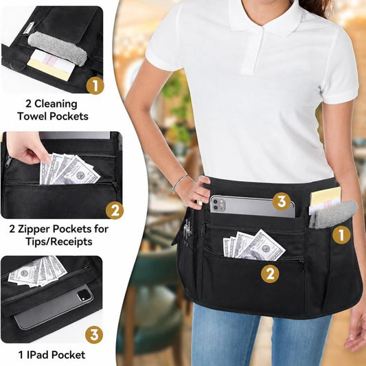 Black waist apron showing front pocket compartments and zipper openings for tips and notes.