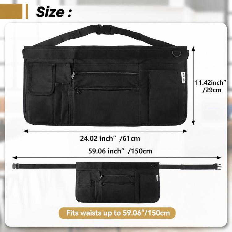 Black apron waist belt and front pocket layout with overall size dimensions shown.