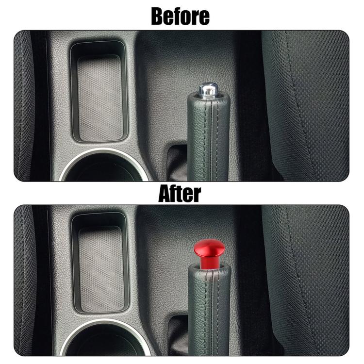 Aluminum alloy handbrake release button cover, red cap on the handbrake lever.