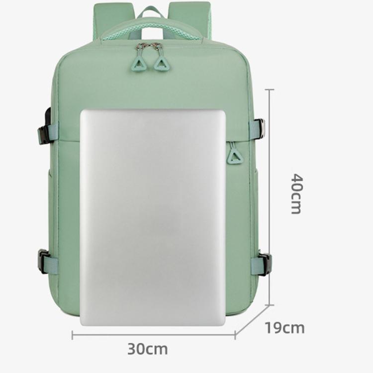 Mint green travel laptop backpack front view with dimensions on screen
