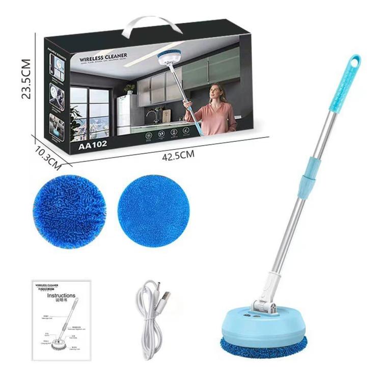 Cordless electric window cleaner with extension pole spin scrubber, blue round brush head