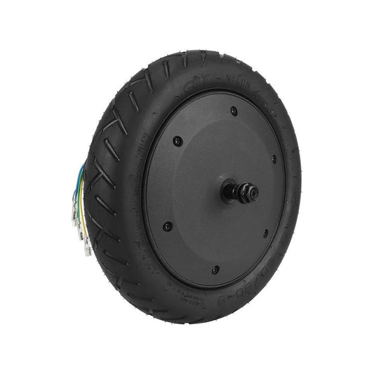 Front face rear hub motor wheel with black tire tread and center hub