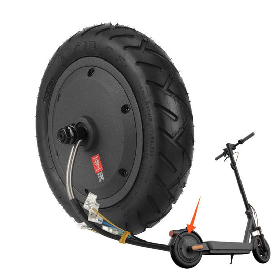Rear hub motor wheel assembly with black tubeless tire and wiring