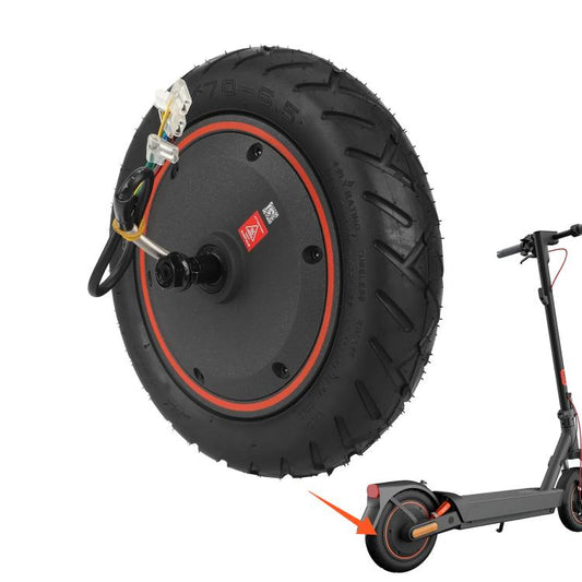 Rear electric scooter hub motor wheel with black tubeless tire and orange rim ring