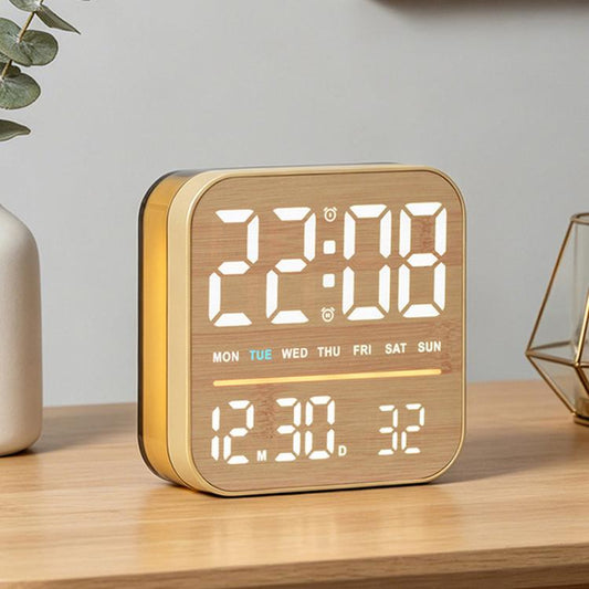 Yellow wood-grain digital alarm clock with yellow LED time and date display