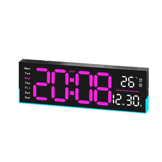 Black LED digital clock with pink segmented time, weekday, temperature and date