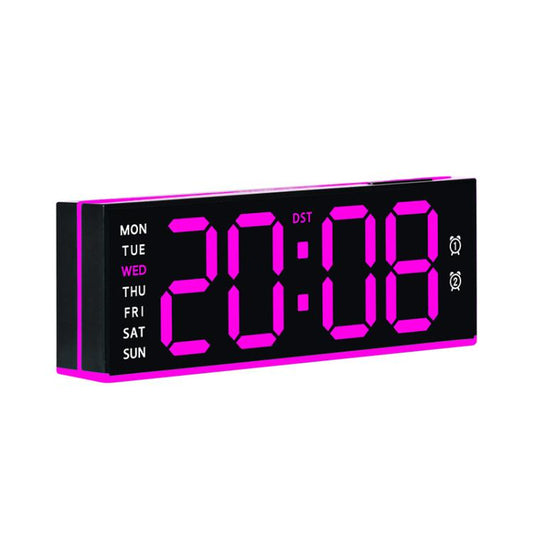 Digital alarm clock with pink LED time display, black face, pink border, day-of-week labels