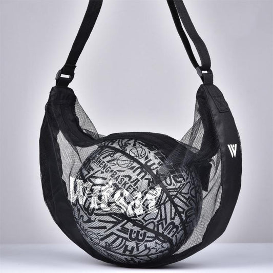 Black breathable mesh crossbody ball bag with dual straps and printed interior pocket area