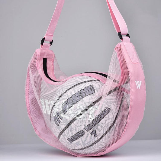 Pink breathable mesh crossbody ball bag with adjustable straps and printed interior lining