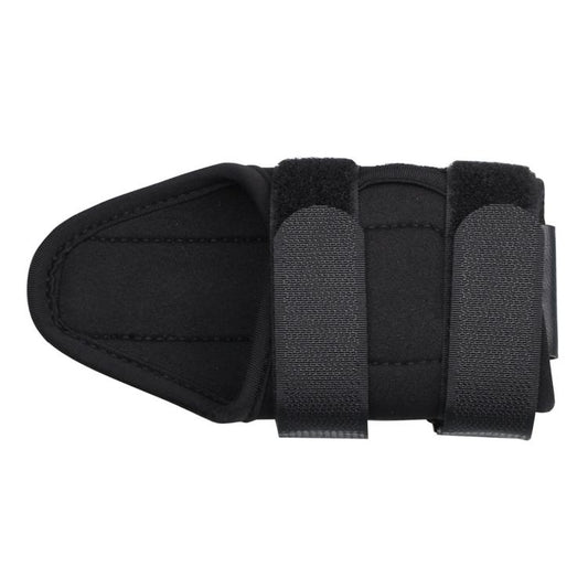 Black cushioned wrist brace with elastic wrap straps and stitched palm-side panel
