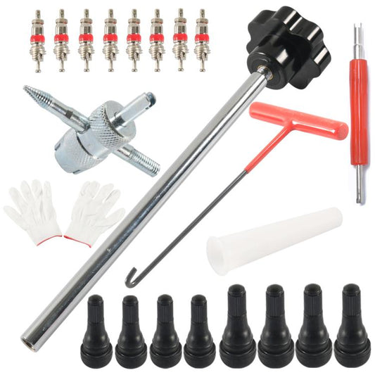 22-piece tire valve stem installation removal tool set with gloves, plugs, and caps