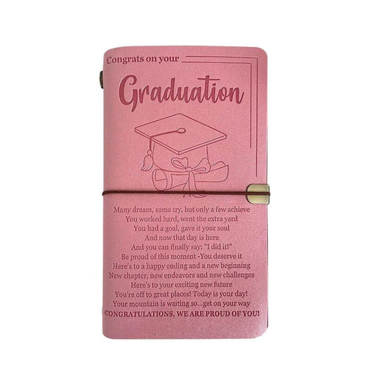 Leather refillable journal, pink cover with engraved “Graduation” and cap motif