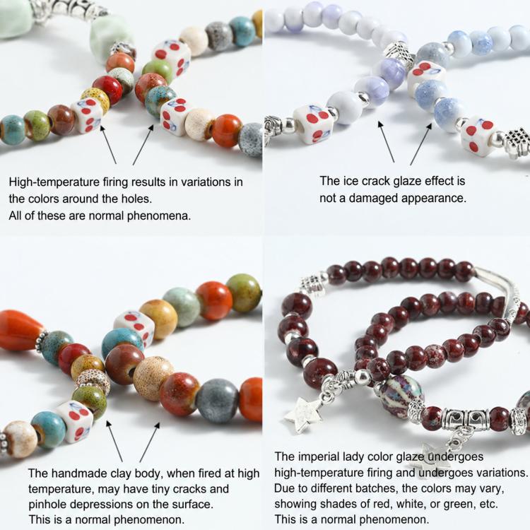 Beaded bracelets featuring square ceramic cherry beads with blue bow prints and metal spacers.