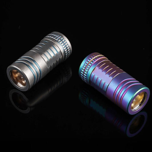 Mini rechargeable LED keychain flashlight pair, silver and purple iridescent metal bodies