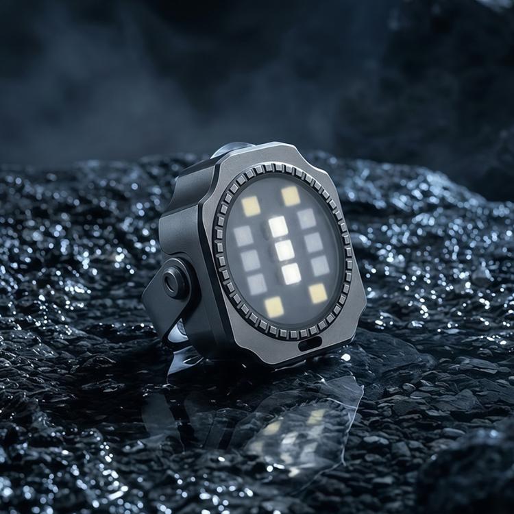 Black mini keychain flashlight with round LED panel lit