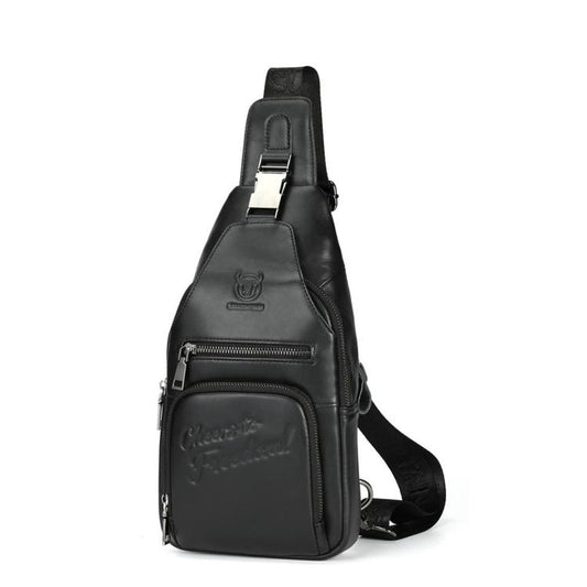 BULL CAPTAIN leather sling bag in black with front zip pocket and adjustable strap