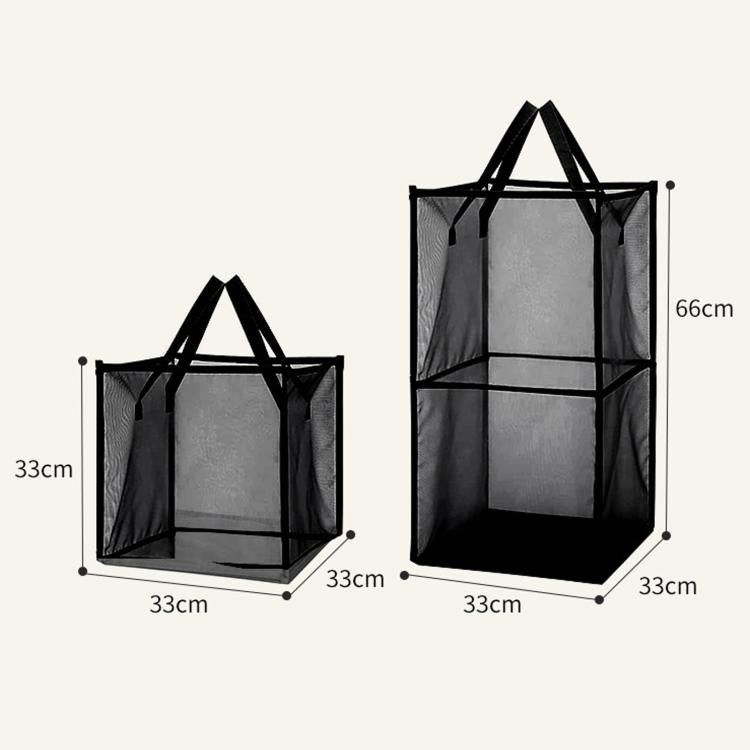 Collapsible mesh laundry hamper with handles, single and double layer sizes shown