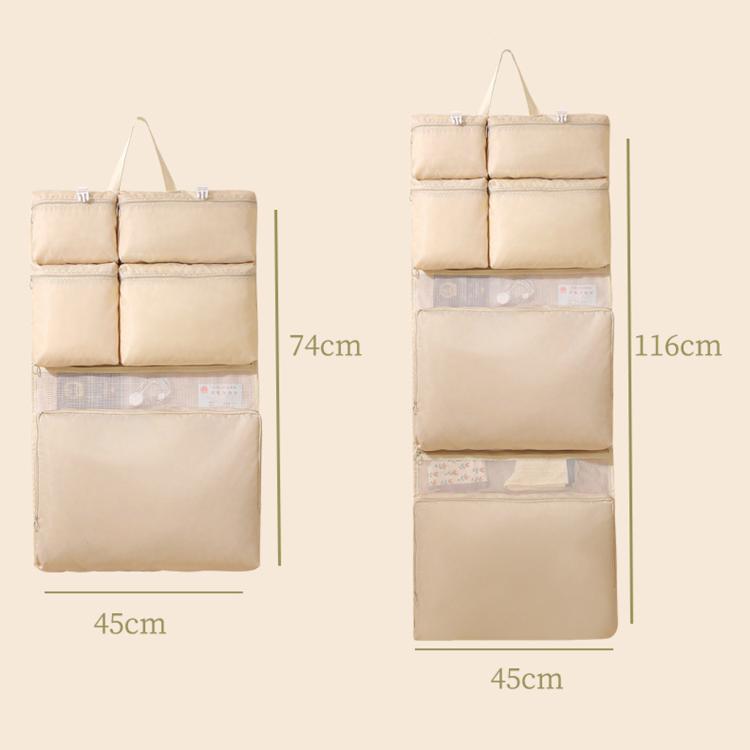 Beige hanging organizer bag with compartment layout and hanging size measurements