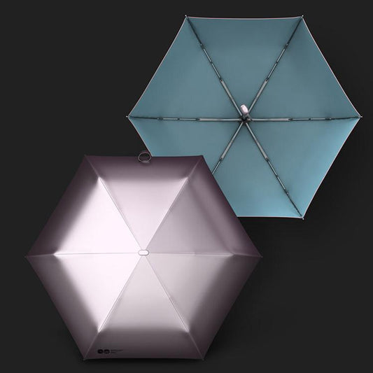 Three-fold automatic umbrellas, teal and rose-gold, open with metal spokes
