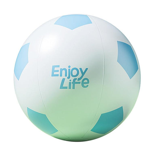 Round inflatable soccer ball with blue/green shapes and “Enjoy Life” logo