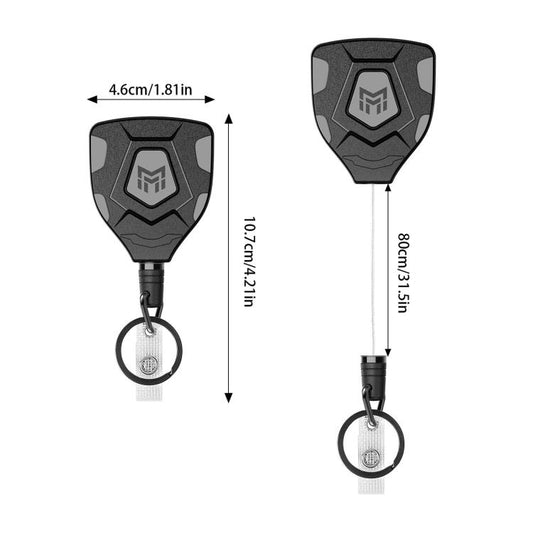 Retractable badge reel with black belt clip, ID strap, and key ring on cord