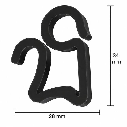 Black gutter light hook size diagram, 28 mm wide and 34 mm tall