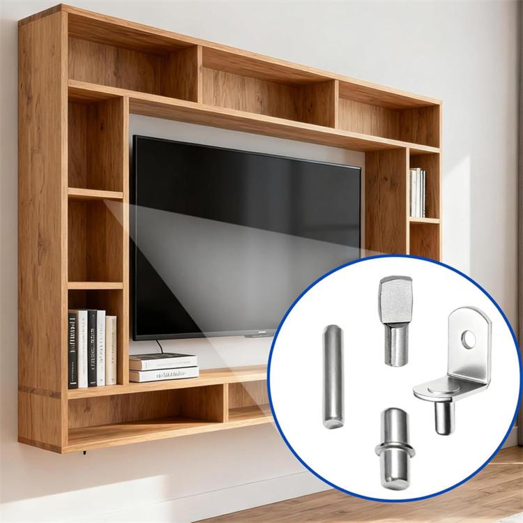 Shelf support pins in use; inset shows included pegs and brackets