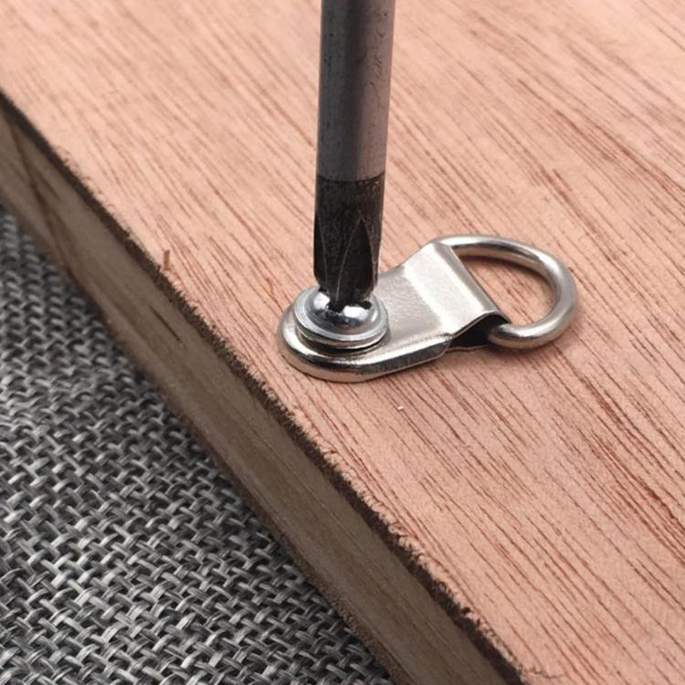 Small D-ring picture hanger with single-hole screw, silver metal on wood