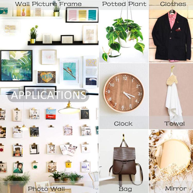 Picture frame hanging hooks and nails kit with application examples collage