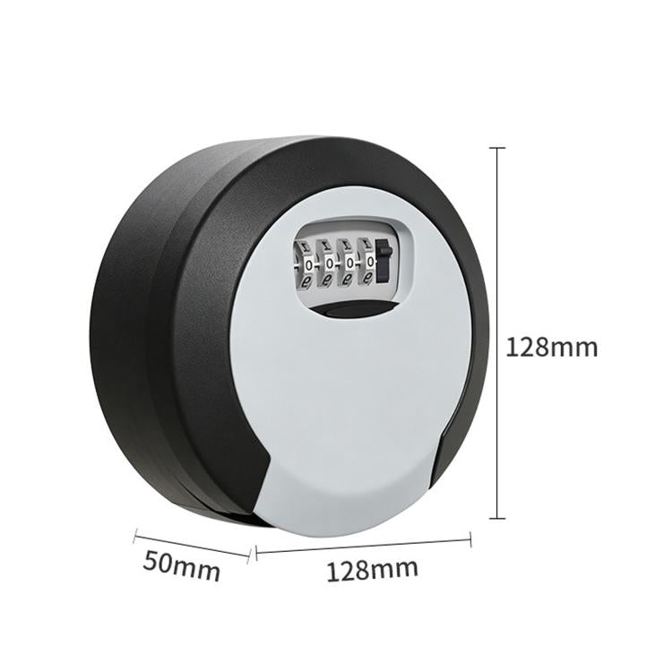 Oversized circular key lock box with 4-digit keypad and size dimensions, dark gray/gray.