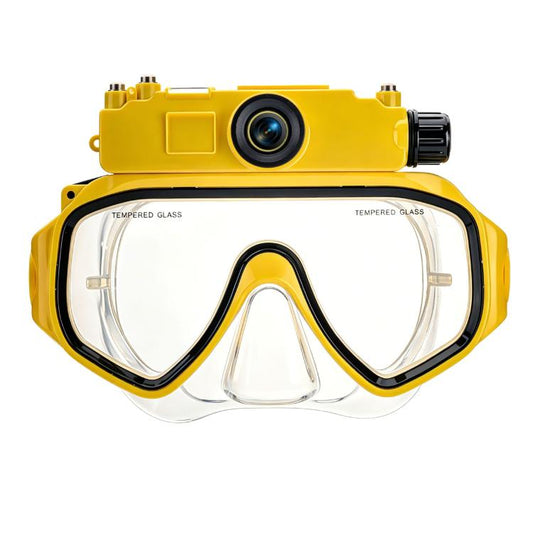 Yellow underwater action camera with snorkeling goggles and clear tempered glass lenses