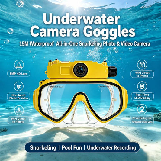 Yellow waterproof action camera with snorkeling goggles and clear mask lenses