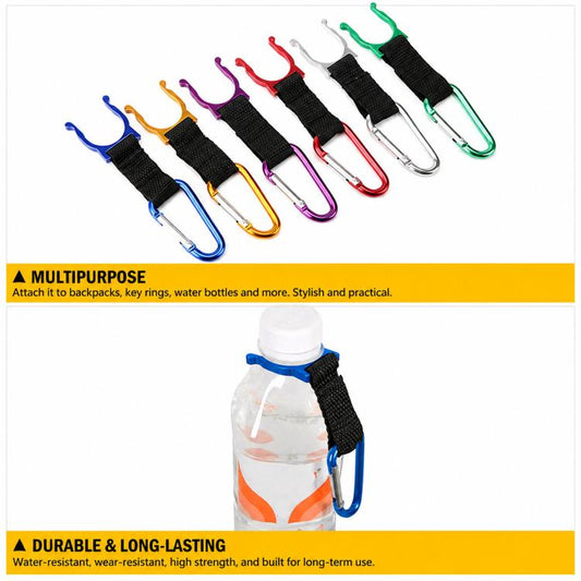 Bottle holder clip with black strap and metal hook, shown with other clips