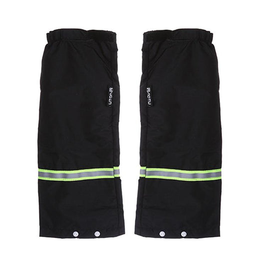 Black waterproof leg gaiters with neon green reflective stripe and snap closures, pair